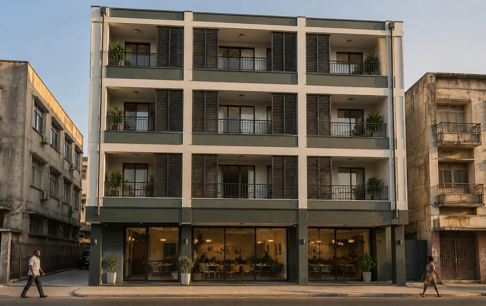 Illustrative visual of a restored 1980s concrete storey building converted to mixed commercial and residential use